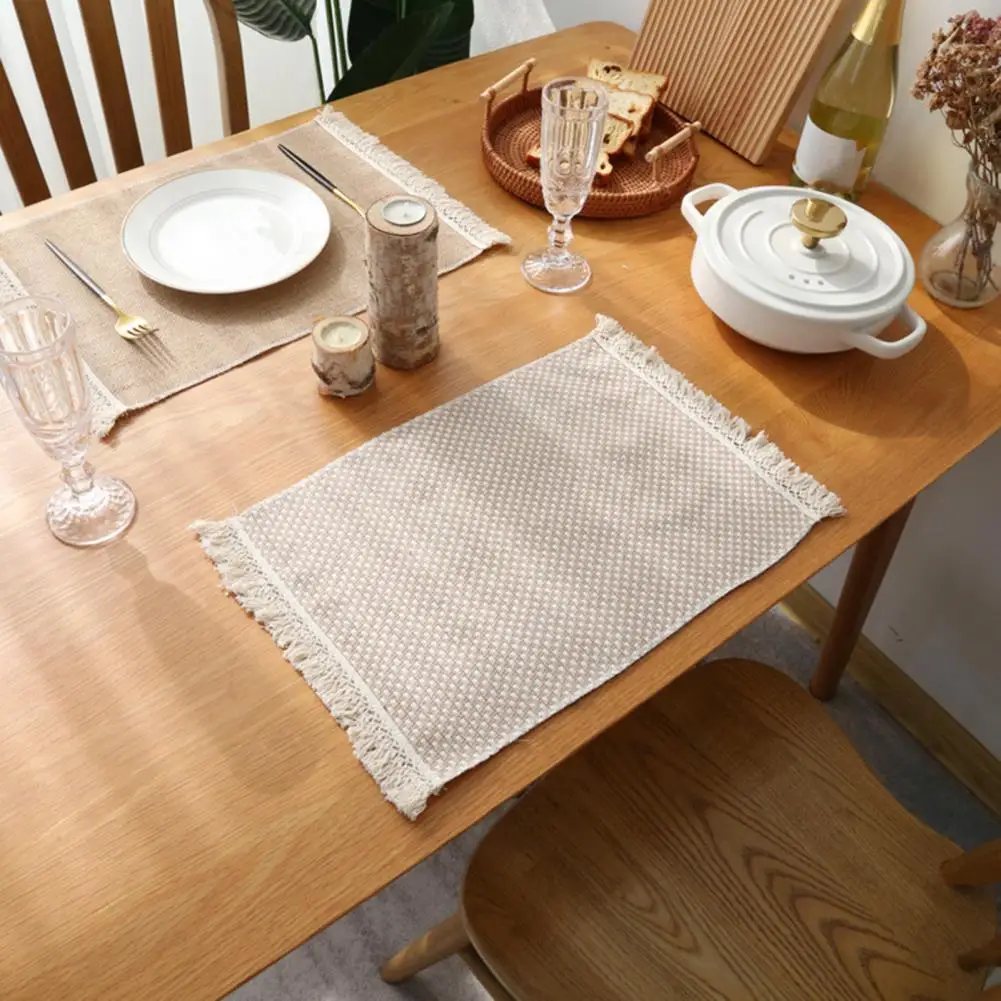 Table Placemat Non Slip Cotton Linen Dinner Table Mat Table Wear Resistant Tassel Insulated Placemat Cup Coaster