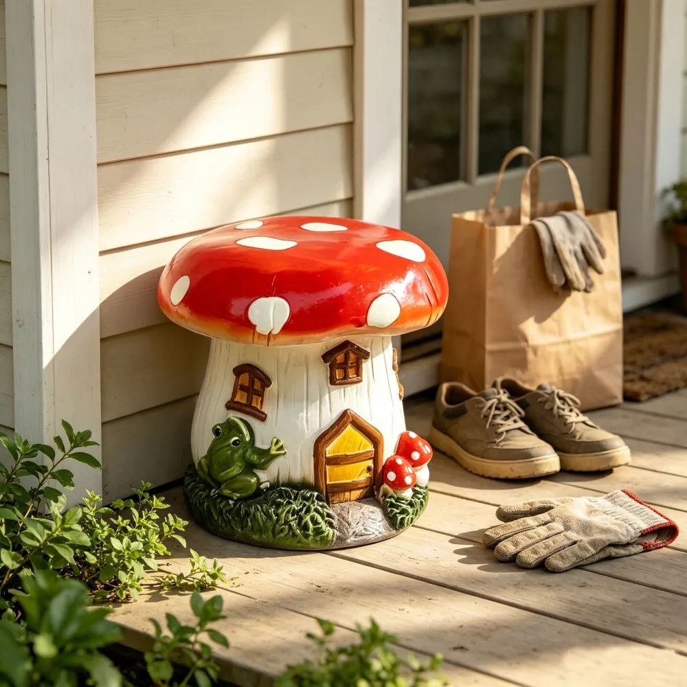 l13.4" Mushroom House Garden Stool, Oversized Resin Sculpture & Fairy Forest Base, Decorative Stool for Home, Courtyard, Lawn, Indoor & Outdoor Spring & Summer Decoration