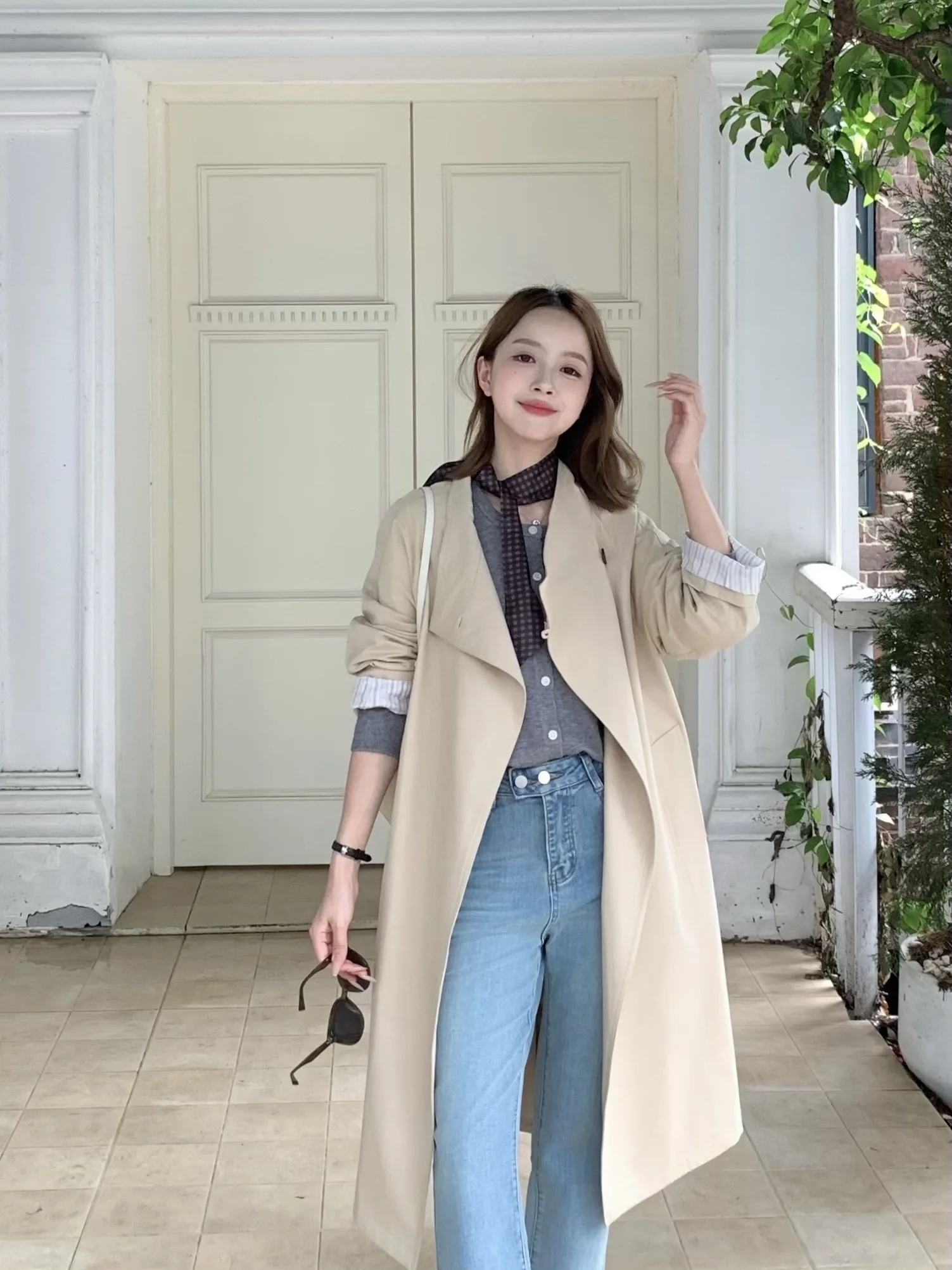 

Повседневное бежевое ор-пальто цвета хаки для маленьких женщин с воротником-стойкой и одной пуговицей, корейское длинное пальто из органического хлопка