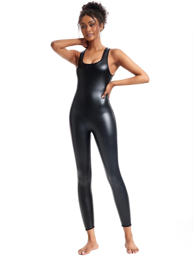 One Piece Women Sexy Faux Leather Jumpsuit Sporty Jumpsuit Raises Butt Woman Gym Set Sport Suit Sleeveless Yoga Fitness Overalls