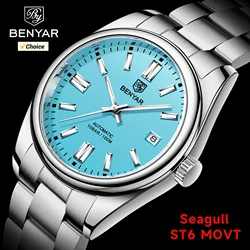 BENYAR 2024 New Men's Automatic Mechanical Watch Seagull ST6 Mechanical Stainless Steel Business Sports 100m Waterproof Watch