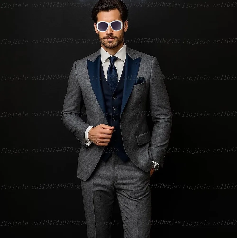 

Dark Grey And Navy Blue Men Suit Formal Wedding Party Groom Business Male Tuxedos Customized 3 Piece Set Jacket Vest Pants