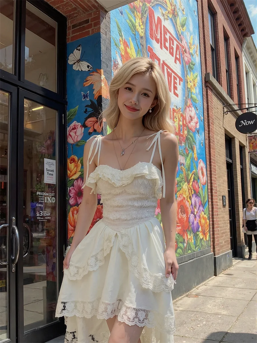 Women'S Dress A-Line Lace-Up Flounced Edge Crochet Lace Sheer Transparent Illusion Detail Feminine Sweet Romantic Delicate