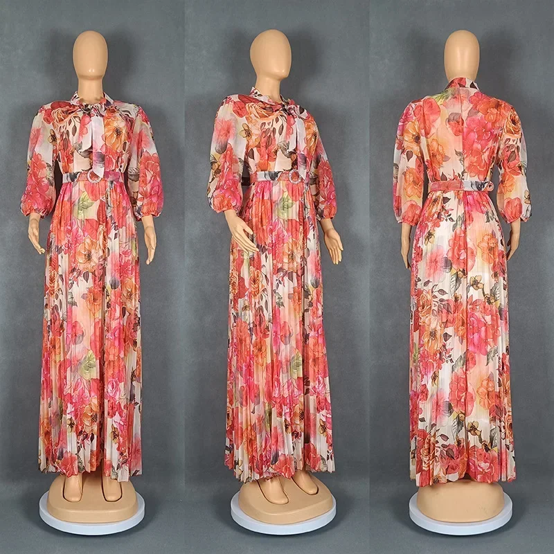 Print Chiffon Maxi Dress African Dresses For Women Elegant Puff Sleeve High Waist Dress Africa Clothing Vestidos Robe Party