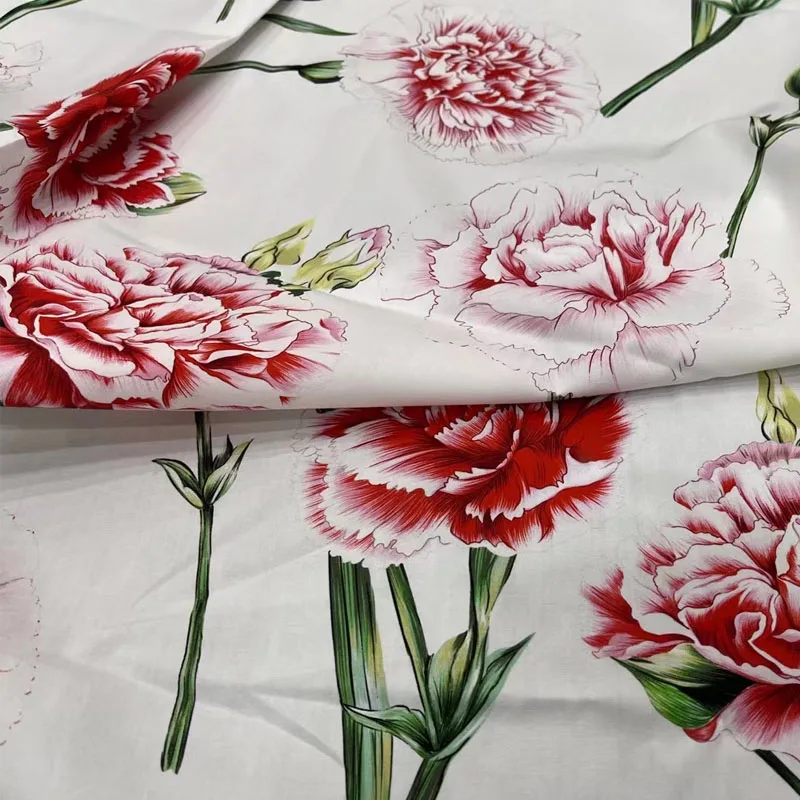 European And American Pink Carnation Flower Printed Cotton Fabric For Women Dress Blouse Pants Handmade DIY Cloth Sewing