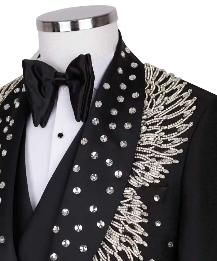 Luxury Mens Suits 2 Pieces Blazer Pants High Quality Beaded Crystals One Button Slim Fit Suits Wedding Groom Dinner Party