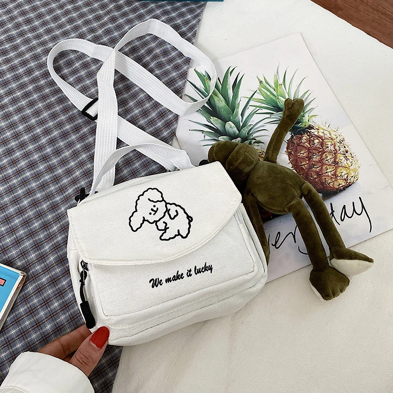 Ladies Fashion Canvas Small Square Bag Korean Version Multifunctional Cute Dog One-shoulder Diagonal Mobile Phone Package