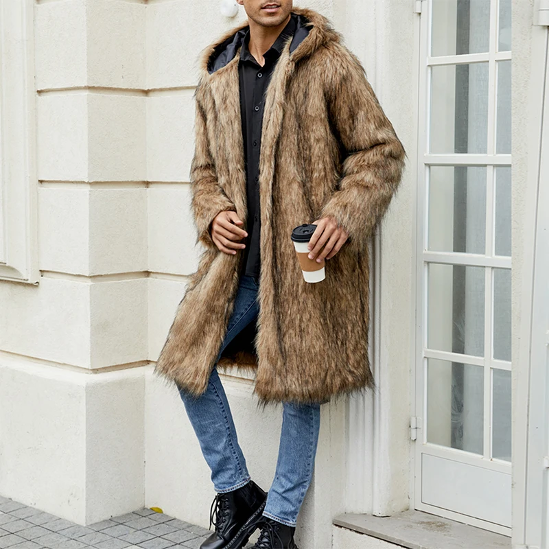 Men s Faux Fur Coat Jacket Winter Warm Long Sleeve Fuzzy Hood Overcoat Thicken Soft Outerwear