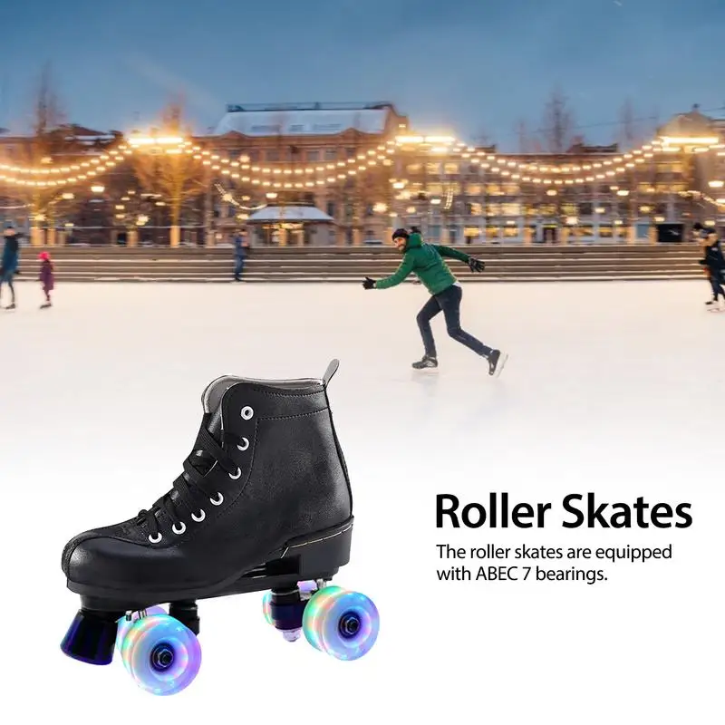 Roller Skates For Women Men PU Leather High Top Double-Row Roller Skates Indoor Outdoor Skating Shoes 4 Wheels Flash Wheel