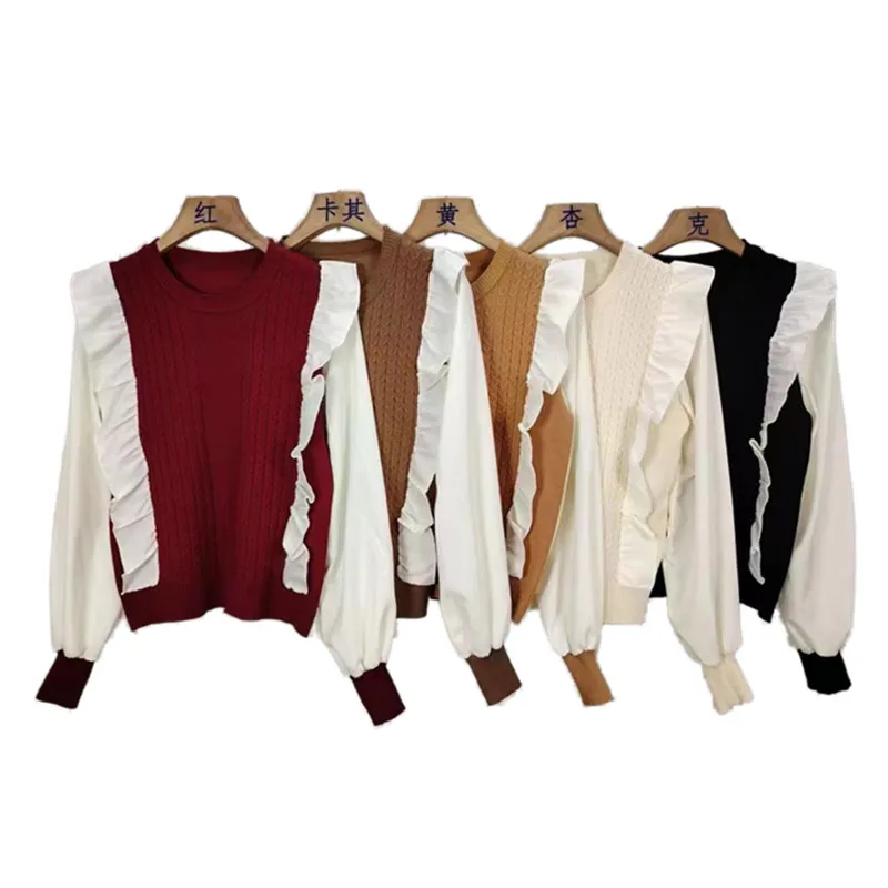 2024 Autumn and Winter New Ruffled Chiffon Spliced Puff Sleeve Fake Two-piece Twist Sweater Bottoming Women's Sweater Top