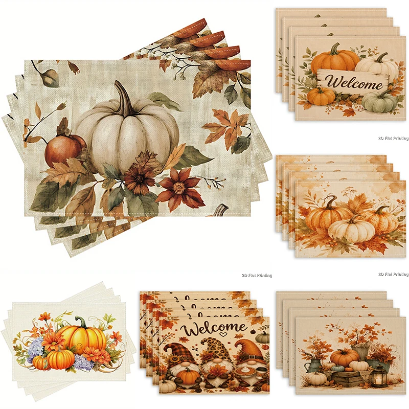 Vintage Fall Pumpkin Maple Leaf Gnome Welcome Print Rectangular Placemats Thanksgiving Dining Table Decor Table Mats 4/6/8PCS