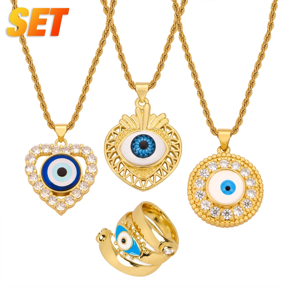 Eye of Evil Good Luck Necklace Ring Set for Women Charm Chain CZ cat-eye Jewelry Gift Wholesle