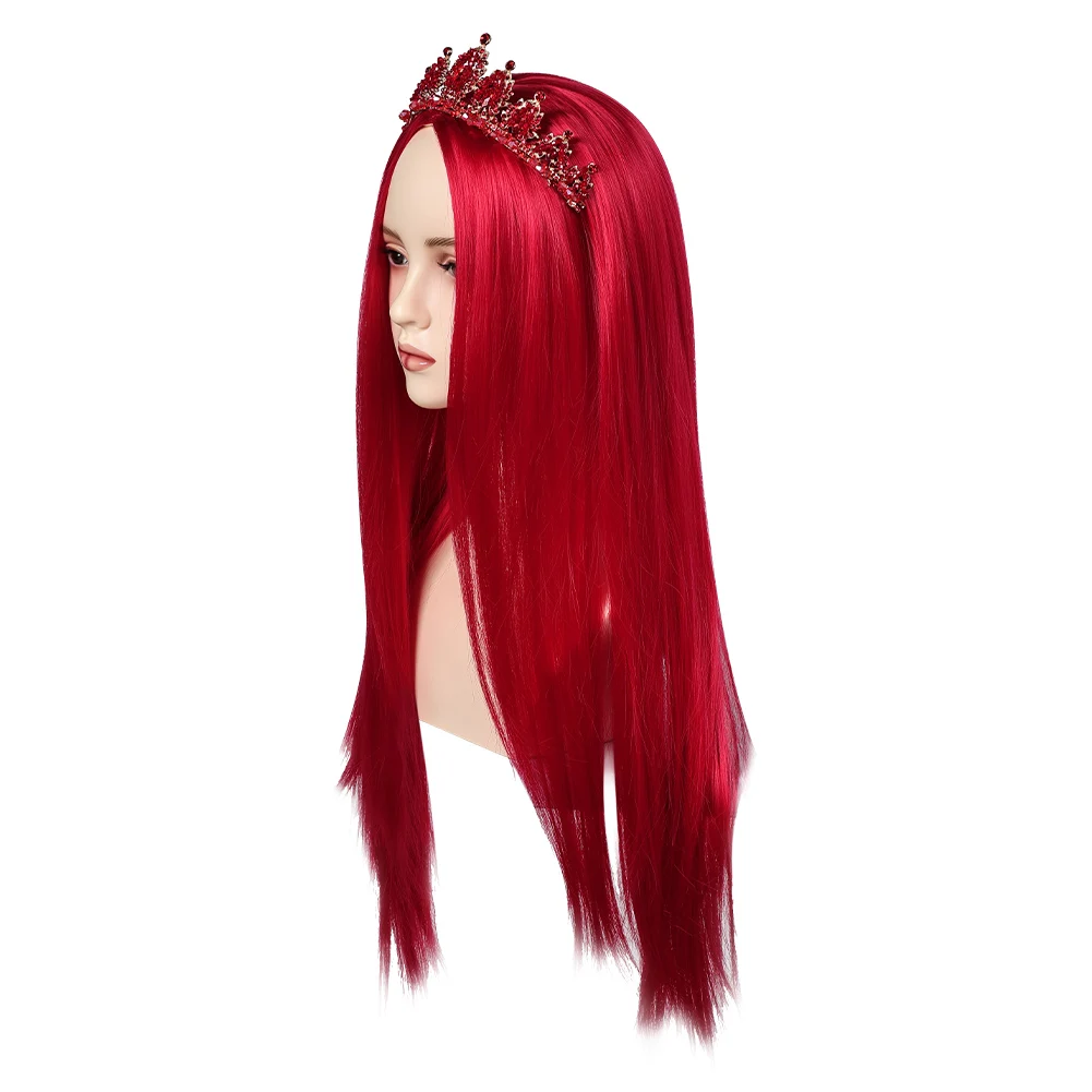 Descendentes cosplay rainha de corações peruca coroa resistente ao calor sintético vermelho perucas longas para mulheres acessórios de fantasia de halloween