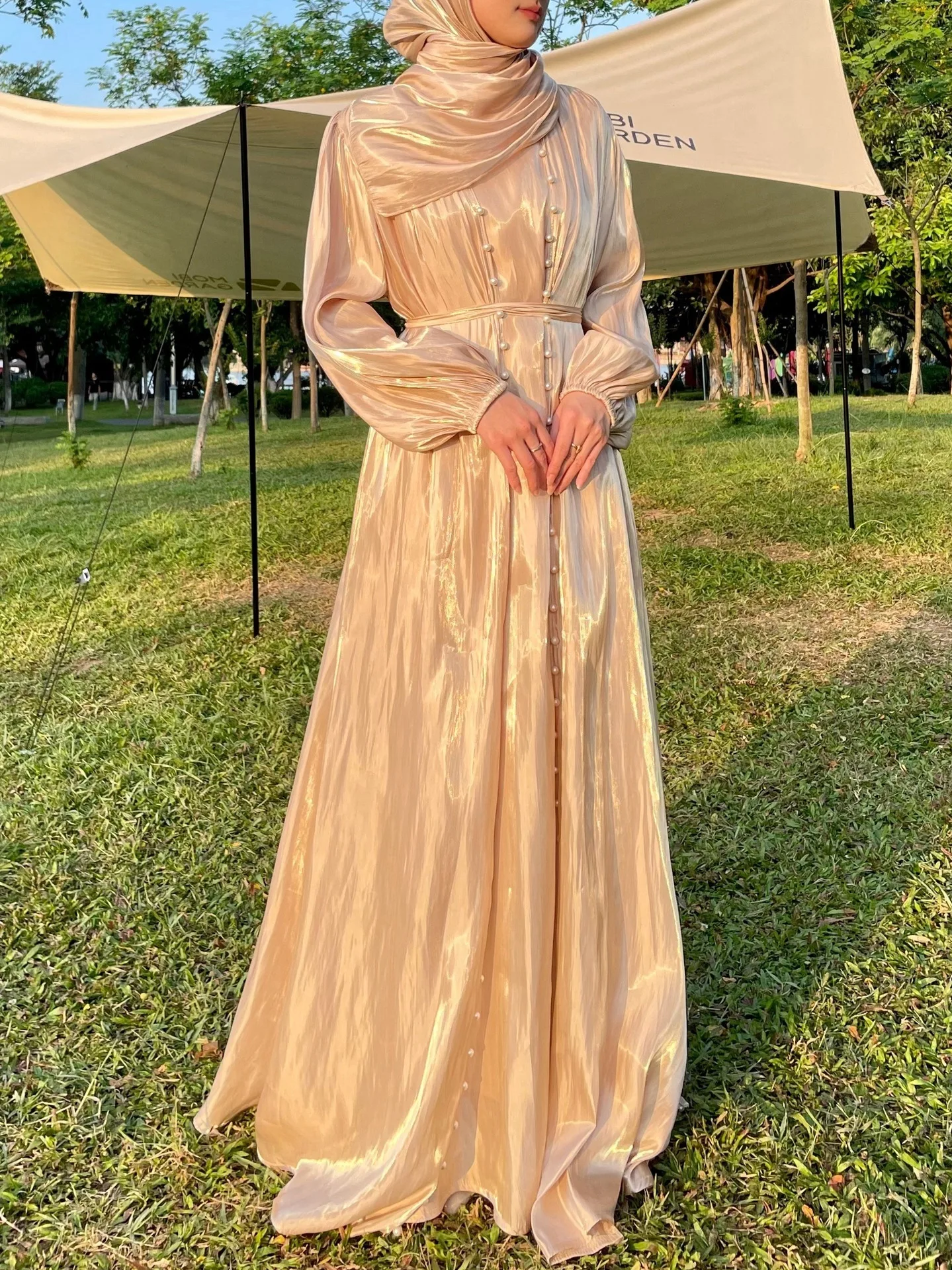 Women's Shiny Pleated 3-Piece Abaya Set Puff Sleeve Modest Dress With Pearl Belt Hijab Elegant Kaftan Robe For Evening Party
