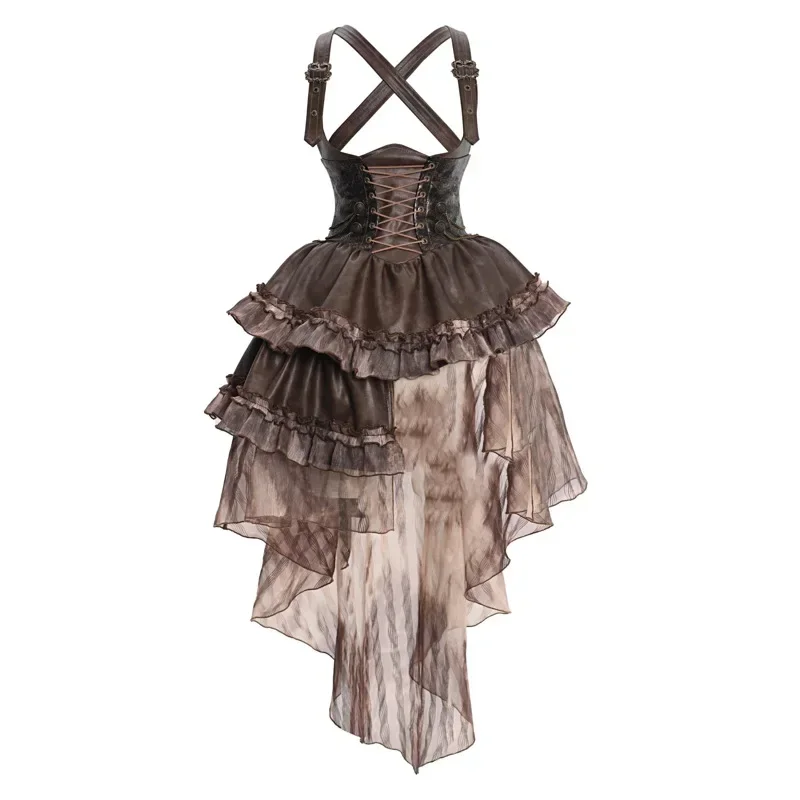 Blood Supply Original Dark Steampunk Asymmetric PU Autumn Maillard Chest Strap Trail Dress Brown Light Lolita Suspender Dress