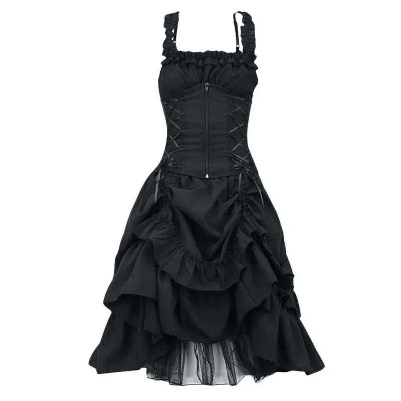 Middeleeuwse Gothic Vrouwen Duisternis Jurk Lace Up Corset Taille Vampier Geplooide Rokken Goth Lolita Kostuum Punk Y2K Zonnejurk Plus Size