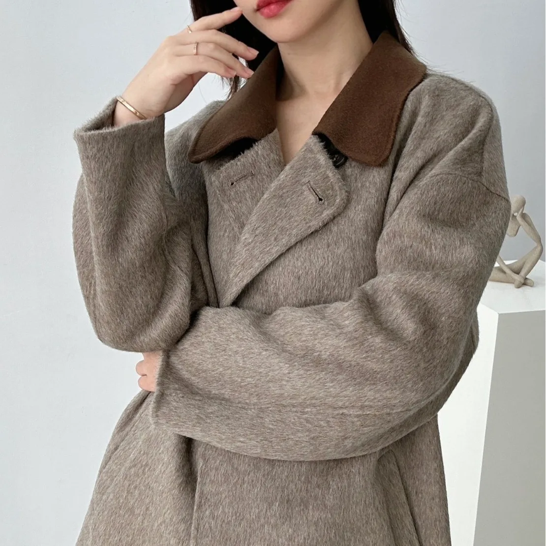 Double Sided Cashmere Sweater For Women's New Contrasting Color Lapel Full Wool Long Velvet Korean Casual Woolen Jacket