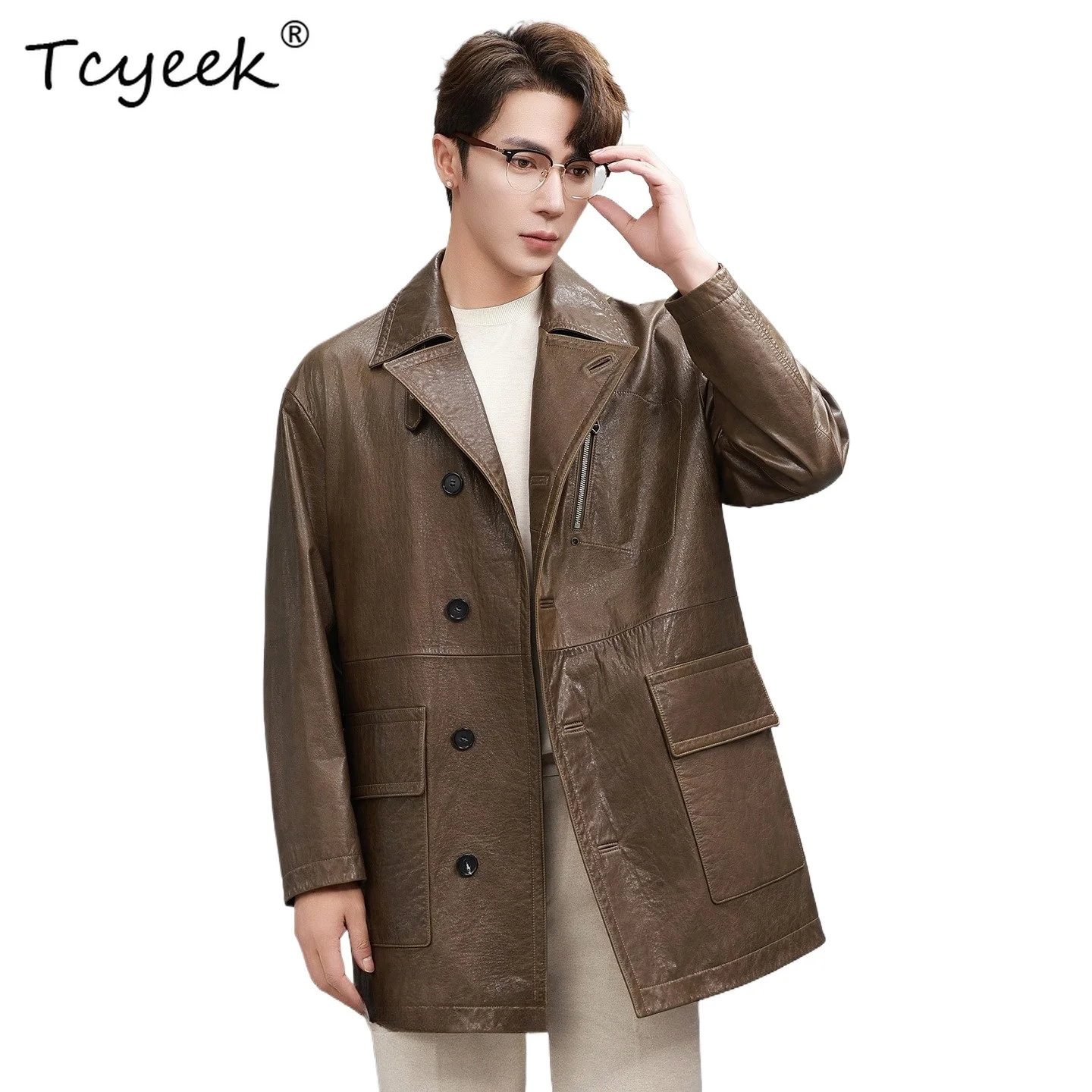 Tcyeek Genuine Leather Jacket Top Layer Cowhide Jackets Men's Retro Casual Mid-length Leather Windbreaker Autumn Coats 2026 가죽점퍼