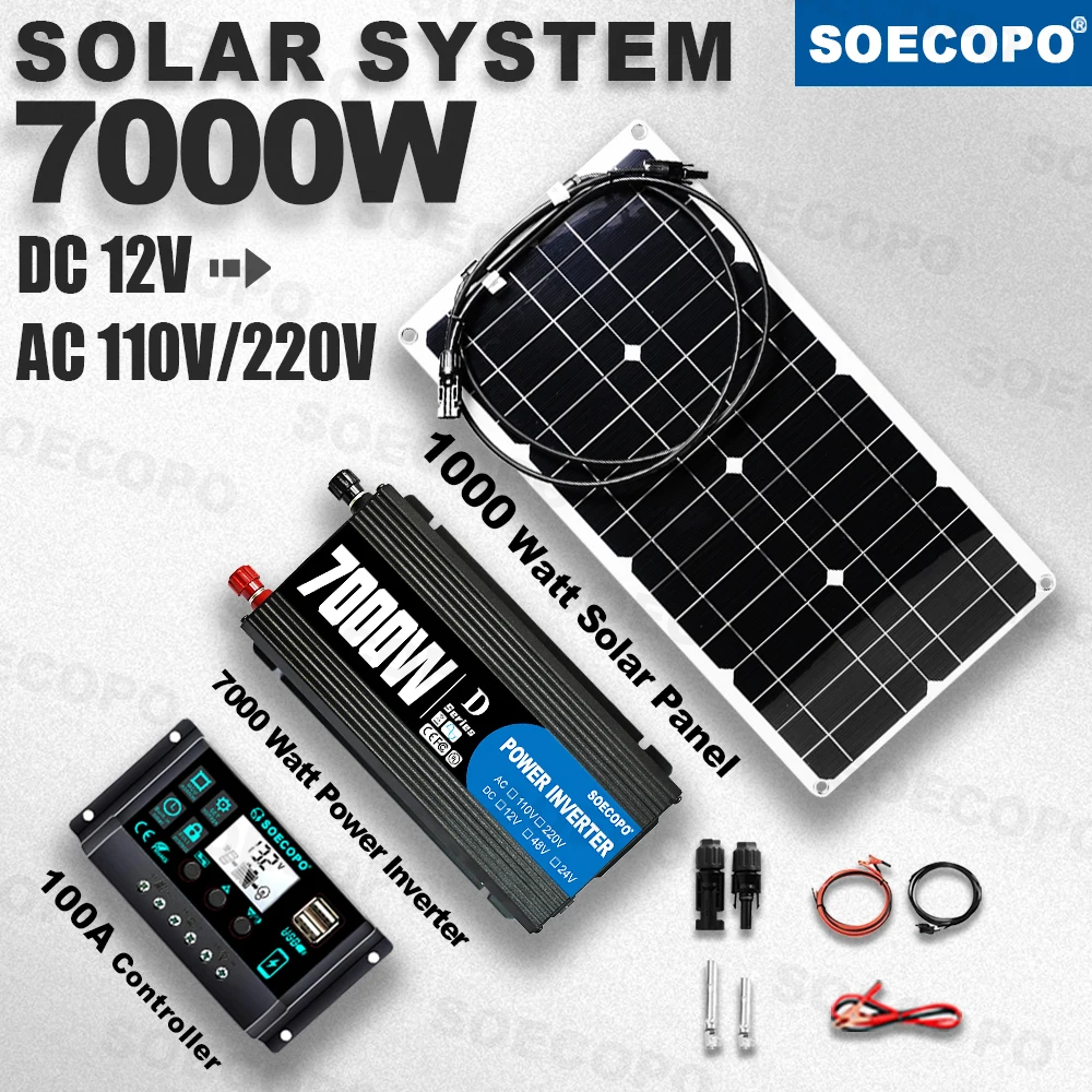 

7000W Peak Solar System Kit 1000W Panel DC 12V To AC 110V/220V Inverter 100A Controller Complete Off Grid For Camp Home charger