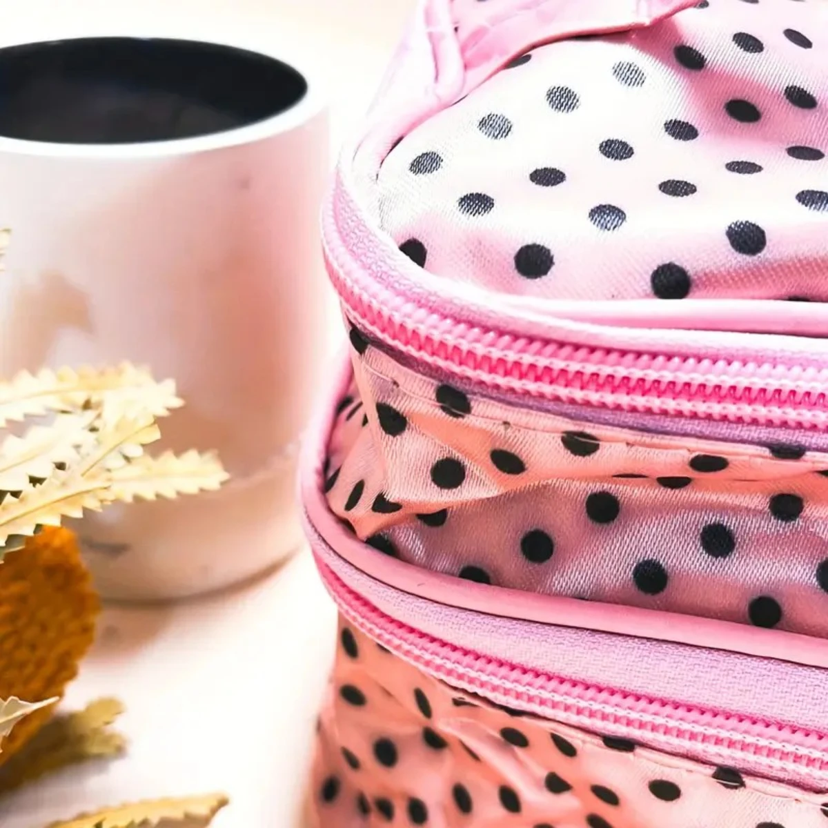 

Polka Dot Double Layer Waterproof Makeup Bag with Handle & Brush Holder - Travel Toiletry Organizer for Women - Durable Compact