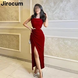 Jirocum Sexy Red Prom Dress Women's Spaghetti Strap Crystal Party Evening Gown Ankle Length Side Slit Formal Occasion Dresses