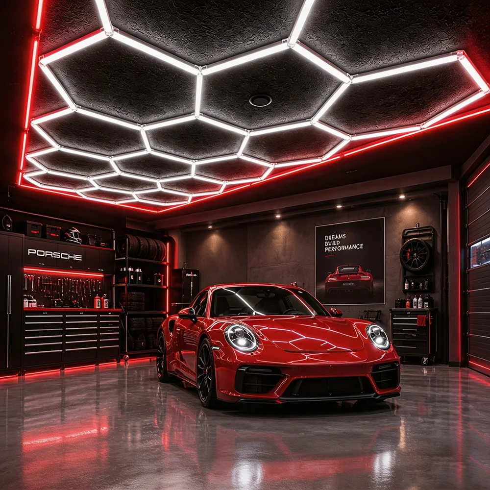 Luce LED da garage bianca/rossa, con 14 fori, disponibile con cornice o senza, a nido d’ape esagonale, a basso consumo energetico, ad alta luminosità, bianco freddo 6500K, tubo LED per installazione a