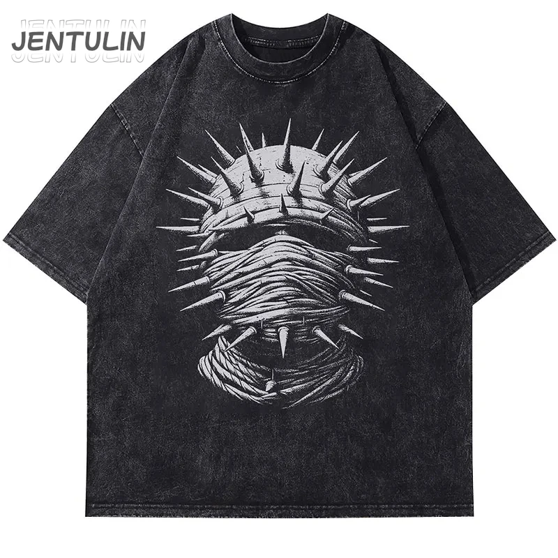 Harajuku Männer Vintage Schwarz T-Shirt Kette Maske Grafik Druck Punk Gothic Gewaschen T-shirt Street Hip Hop Lose Baumwolle 2024 Tops