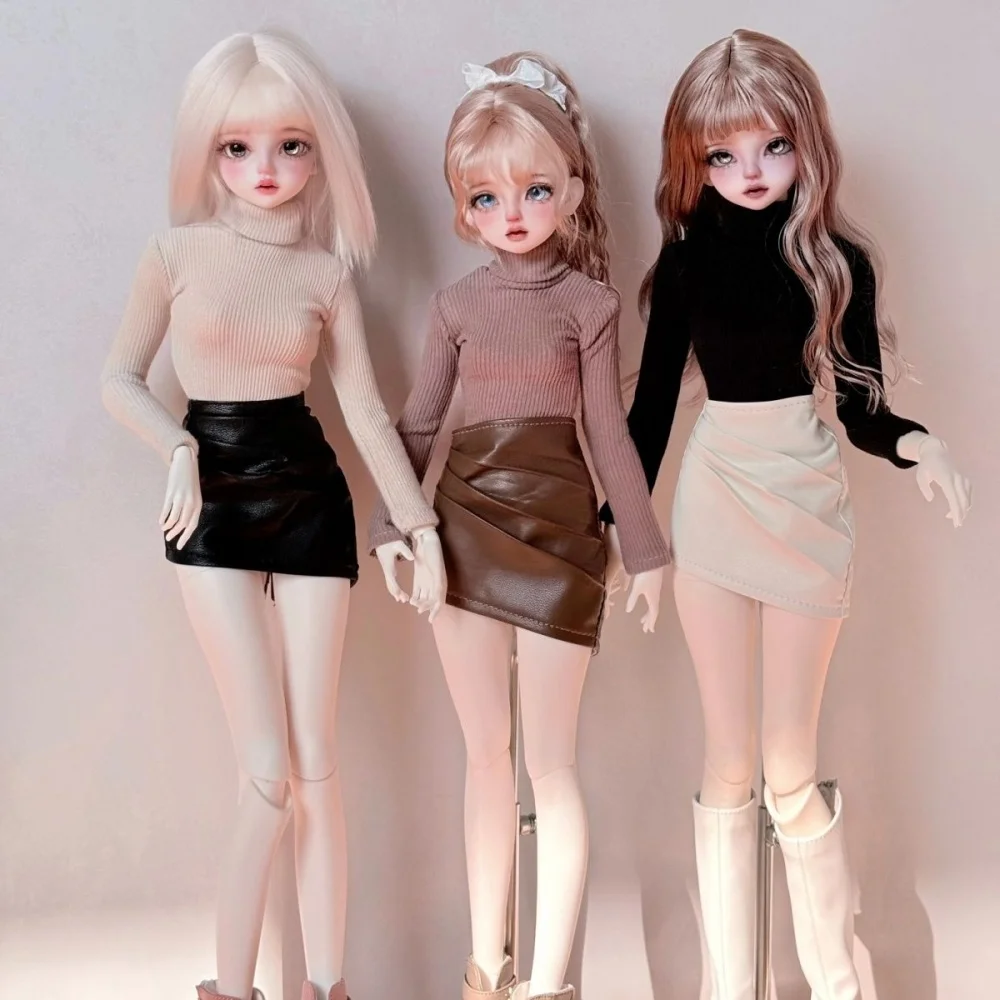 Bjd doll clothes suitable for 1/4 size sexy high neck long sleeve top + pleated hip leather skirt set doll accessories