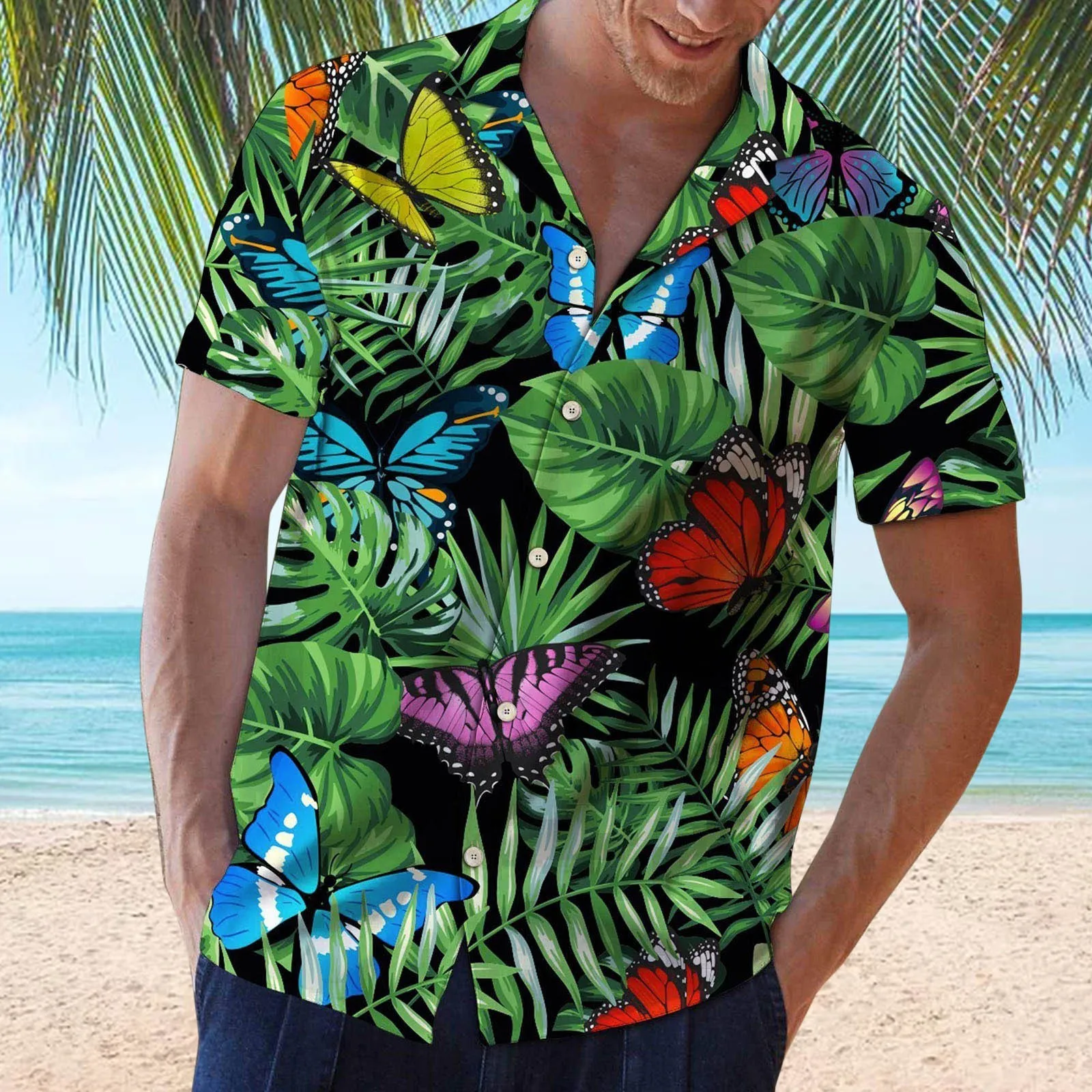 Camisas hawaianas tropicales de hojas rojas para hombre, Tops florales Dazn, Tops informales de verano de manga corta con botones, camisa suelta