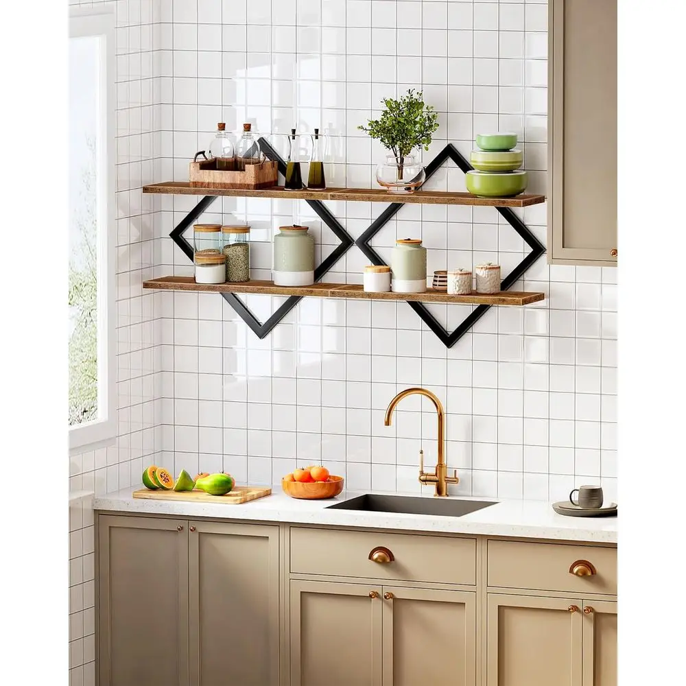 2-Piece Rustic Brown Floating Wall Shelves, Dual-Tier for Home, Office, and Kitchen