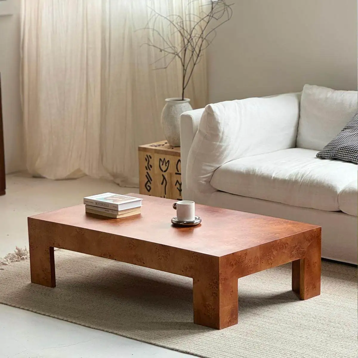 #Contemporary Hotel Homestay Antique Brown Burl Wooden Square Coffee Table Furniture Vintage Living Room Center Table