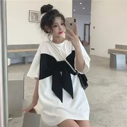 Short Sleeve T Shirts Summer New Bow Patchwork Loose Solid All-match Youth Street Casual Tops Fashion Korean Women Clothing