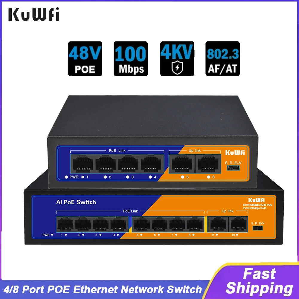 

KuWFi 4/8 Port POE Switch 10/100Mbps Ethernet Network Switch Plug and Play Extend Mode 250 Meter for IP Camera AP Router CCTV