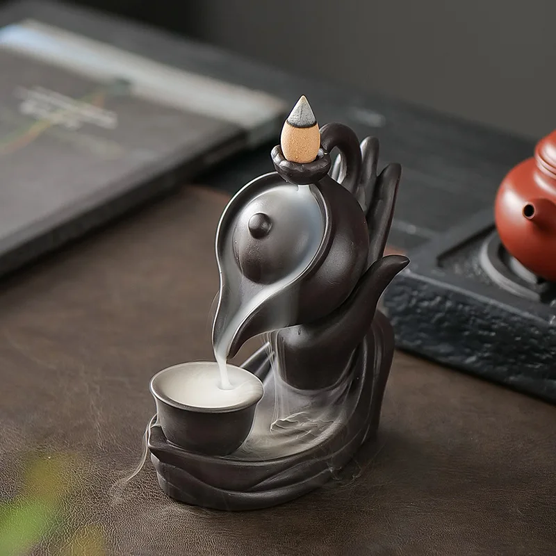 Creative Teapot Buddha Hand Backflow Incense Burner, Waterfall Smoke View Decor, Agarwood Sandalwood Aroma Ornament