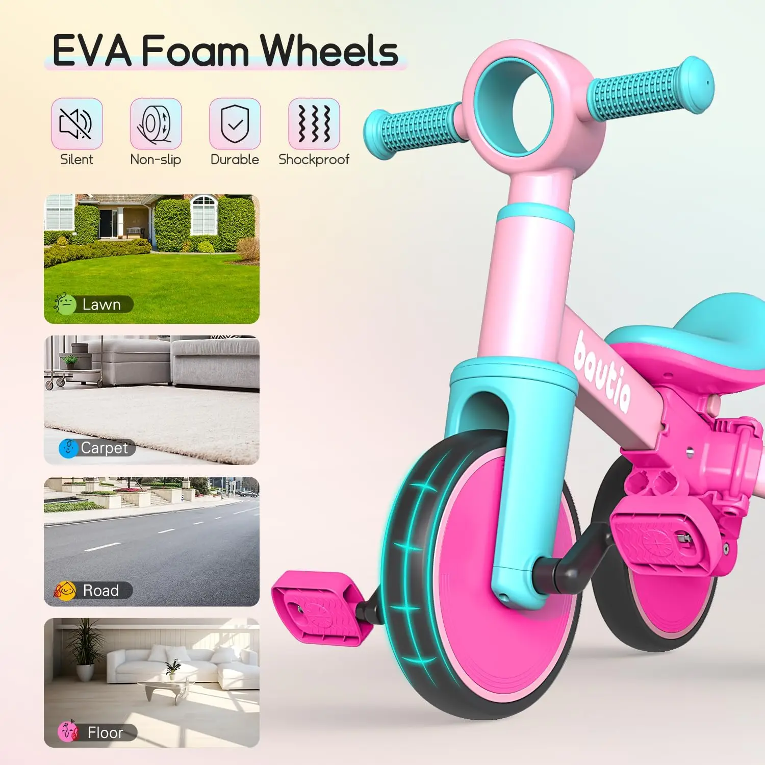 Kids Tricycle with Push Handle for Toddlers 1-4 Years Old Boys Girls Gift, 5 in 1 Baby Balance Bike for Toddlers 1-3 with Remova