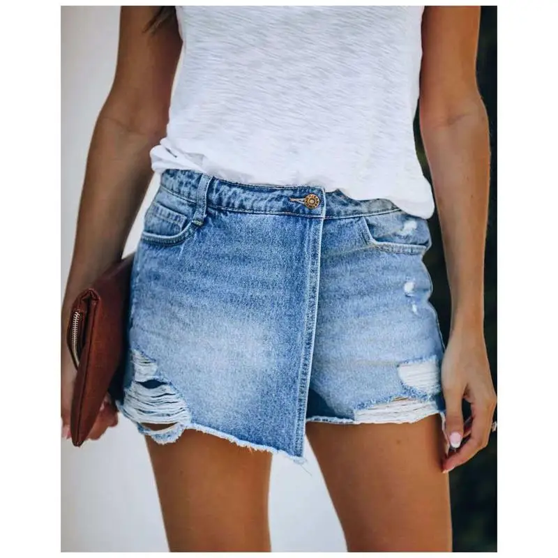 로우 웨이스트 찢어진 데님 반바지 여름 캐주얼 스커트 여성 패션 한국 스타일 벨보트 자수 지퍼 코튼 팬츠