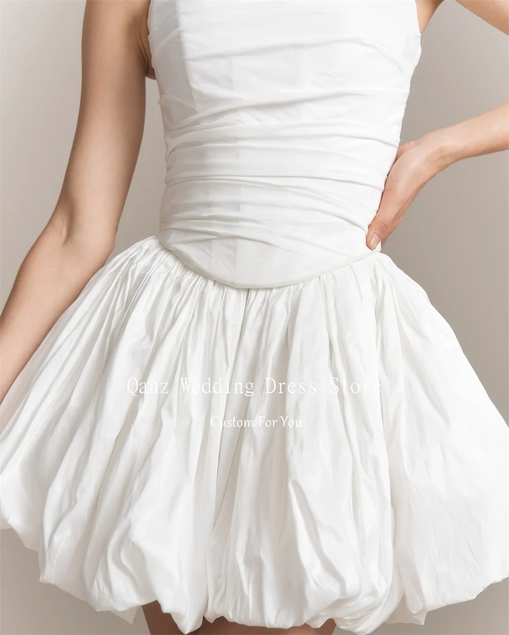 فساتين زفاف Qanz عتيقة من التفتا باللون الأبيض الصغير A Lin Vestido De Novia Boda بأربطة من الخلف مفتوحة من الخلف رداء De Mariée مخصص #5