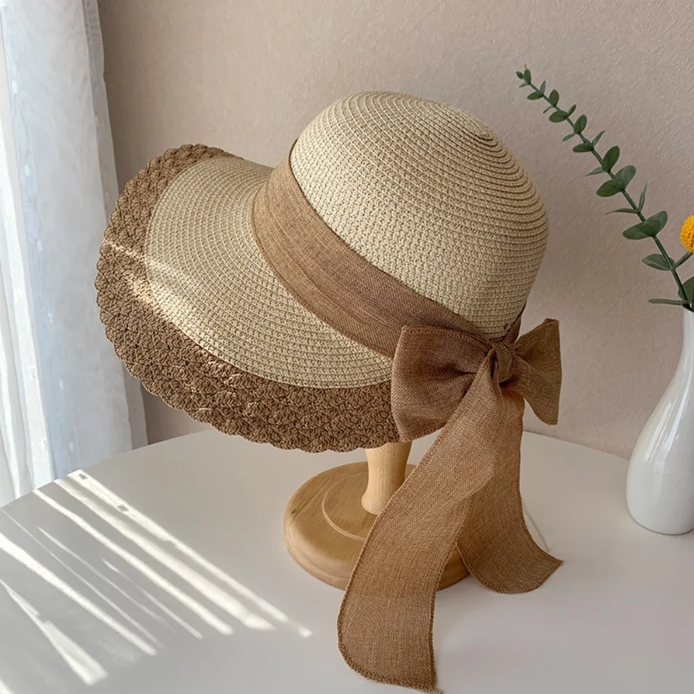 

Folding Sun Cap Portable Straw Weaving Beach Hat Foldable Hollow Out Bow Fisherman Cap Cotton Soft Big Brimmed Woven Cap Sport