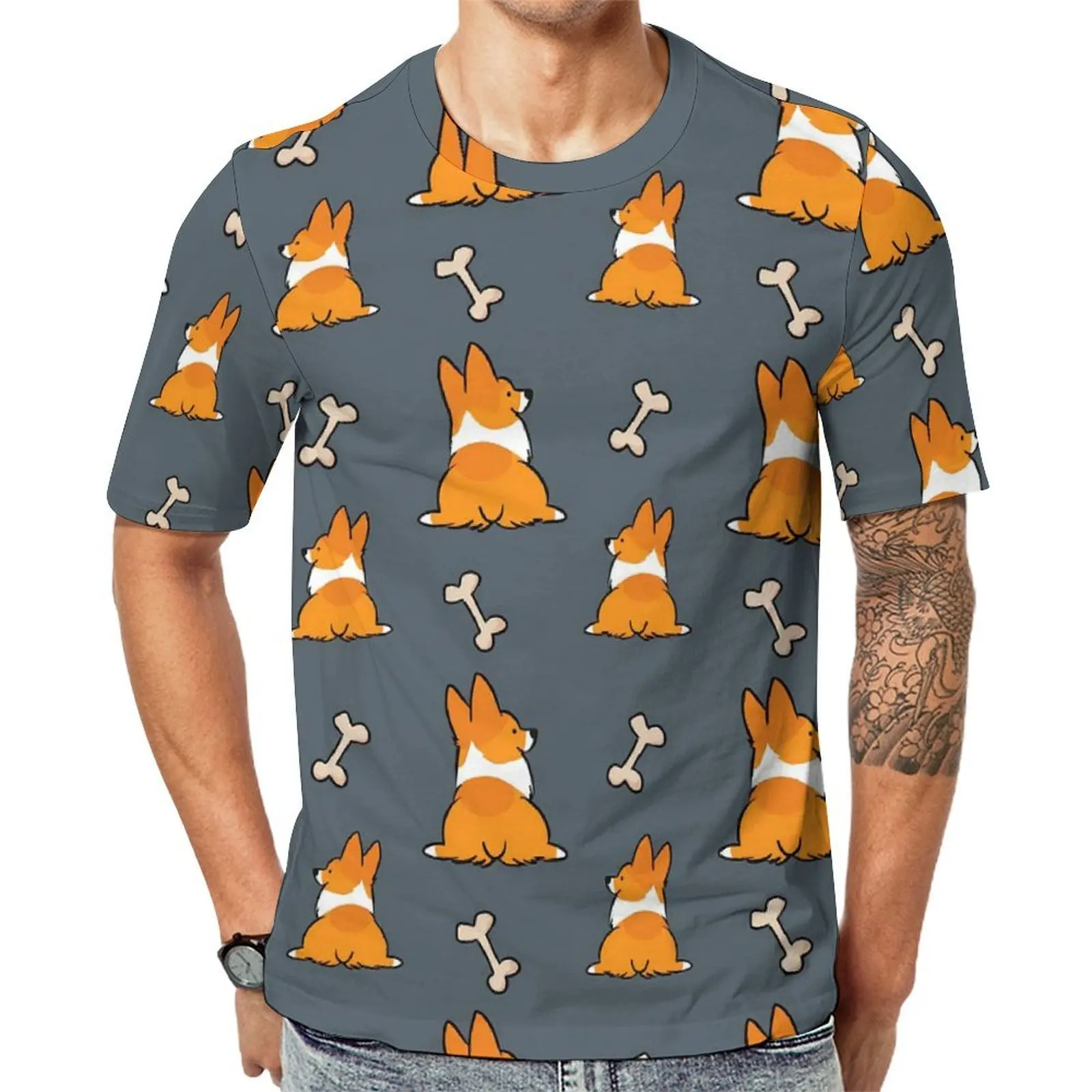 Corgi Butt Print T Shirt Funny Animal Vintage T Shirts Man Streetwear Tshirt Premium Short Sleeve Printed Top Tees Plus Size 5XL