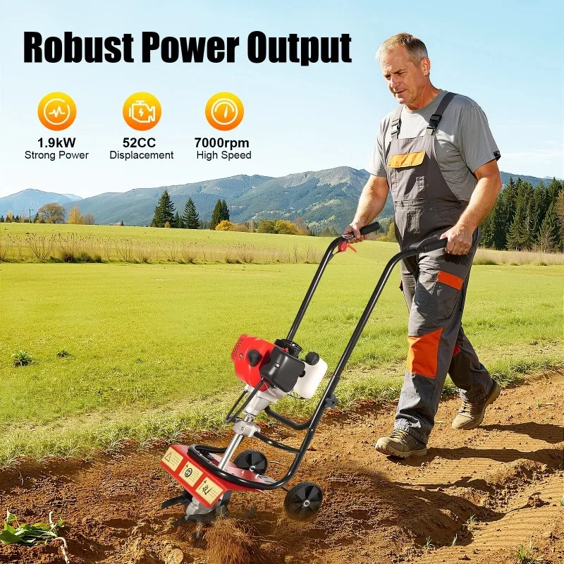 Tiller,52CC 2 Stroke Garden Cultivator  Powered, Garden Farm Tilling Rototiller for Lawn, Field Soil Cultivation