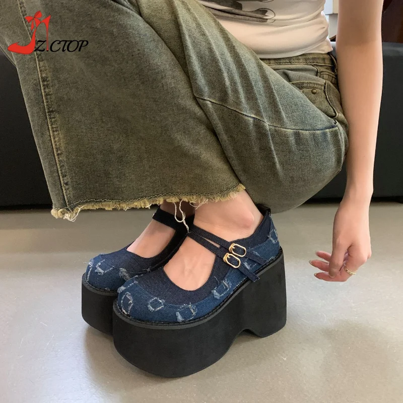 Chunky Platform Women Pumps Spring Autumn New Mary Jane Super High Heels Denim Round Toe Wedges Lolita Gothic Shoes