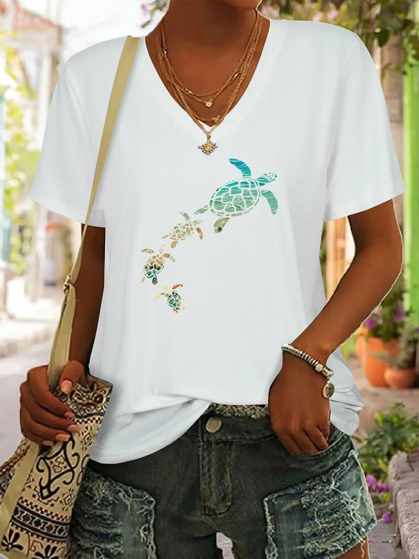 Turtle Family Pattern V Neck Women's T Shirt