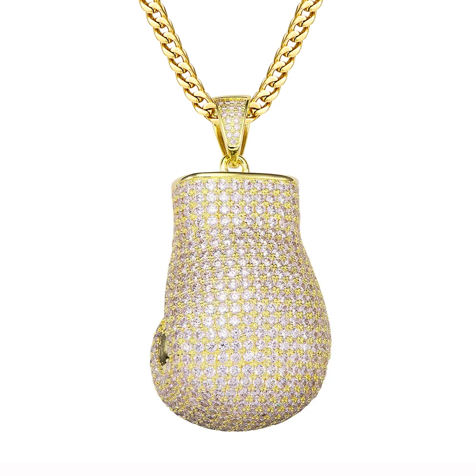 VANAXIN Boxing Gloves Pendant Necklace Punk Accessories Gold Color Iced Full Cubic Zircon Men's Hip Hop Sports Jewelry