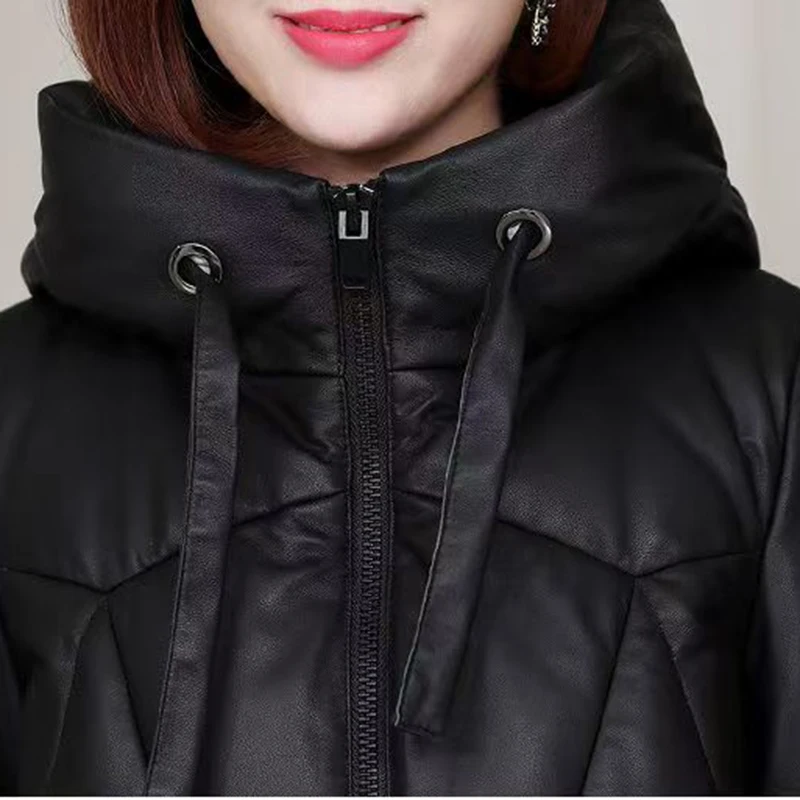 Parka da neve addensato Giacca invernale in pelle PU con cappuccio calda da donna Cappotto lungo allentato nero Capispalla in pelle di cotone di lusso antivento