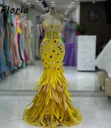 Yellow Strapless Luxury Feathers Mermaid Celebrity Party Dress Mirror Crystal Stones Wedding Ceremony Gowns Robe de soiree New