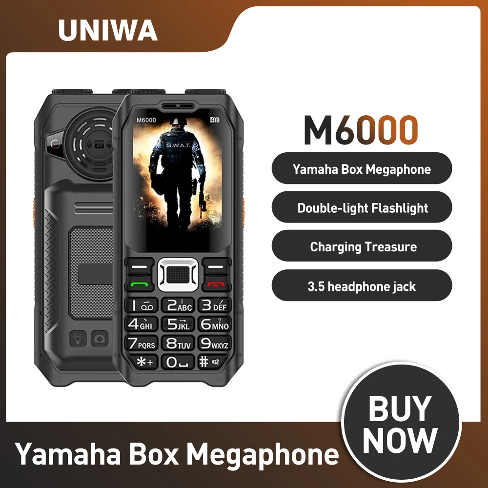 UNIWA M6000 보조배터리 2G 피처폰, 2.3 인치 FM 라디오 MP3 음성 레코드 토치, 저렴한 휴대폰, 영어 키 단추 핸드폰