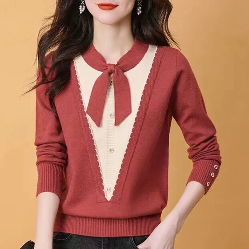 

Fashion V-Neck Knitted Spliced Lace Up Bow Sweater Women's Clothing 2024 Autumn New Casual Pullovers Korean Fake Two Pieces Tops