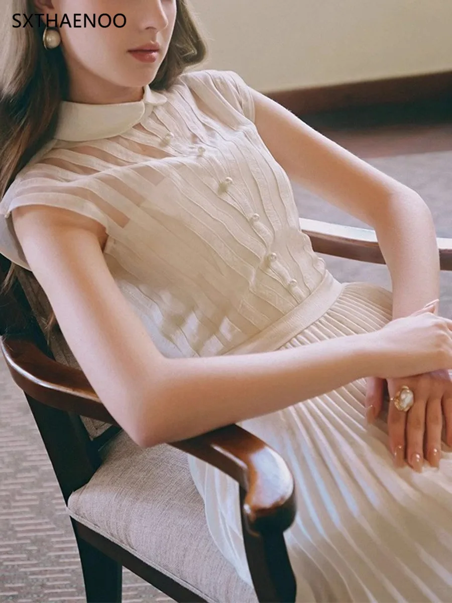 SXTHAENOO, vestido plisado con tiras empalmadas a la moda para mujer, vestidos elegantes de malla de retales de cintura alta sin mangas con solapa, novedad de verano 2025