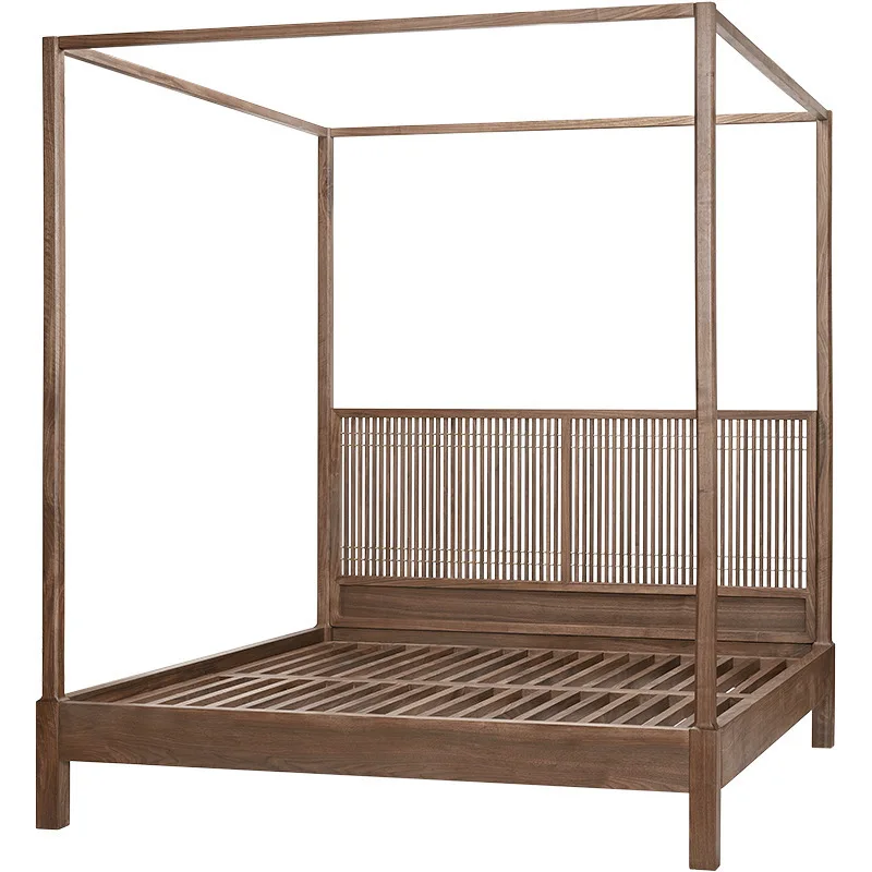 سرير مزدوج جديد من الخشب الصلب بالكامل على الطراز الصيني، وغرفة نوم رئيسية، وسرير رف بسيط وحديث