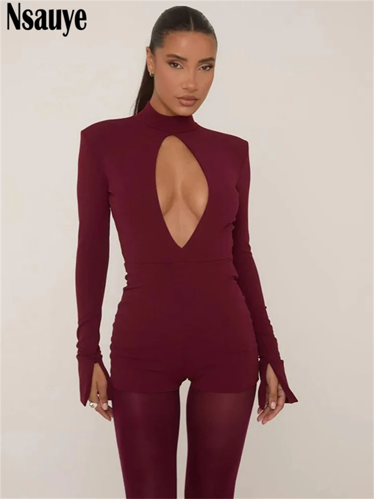 Nsauye manica lunga skinny scava fuori moda donna a vita alta sexy night club pagliaccetti tutina tuta intera top 2025